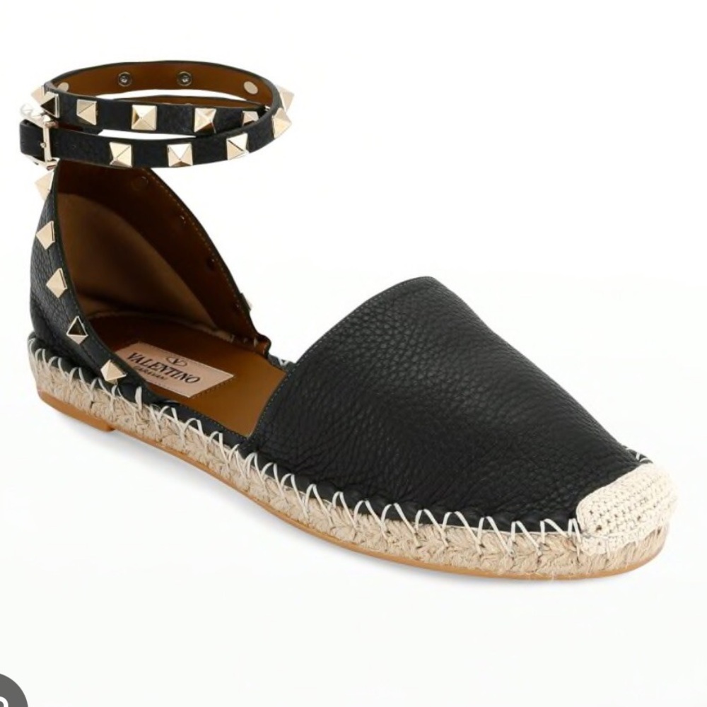 Valentino Black Leather Ankle-Strap Espadrille